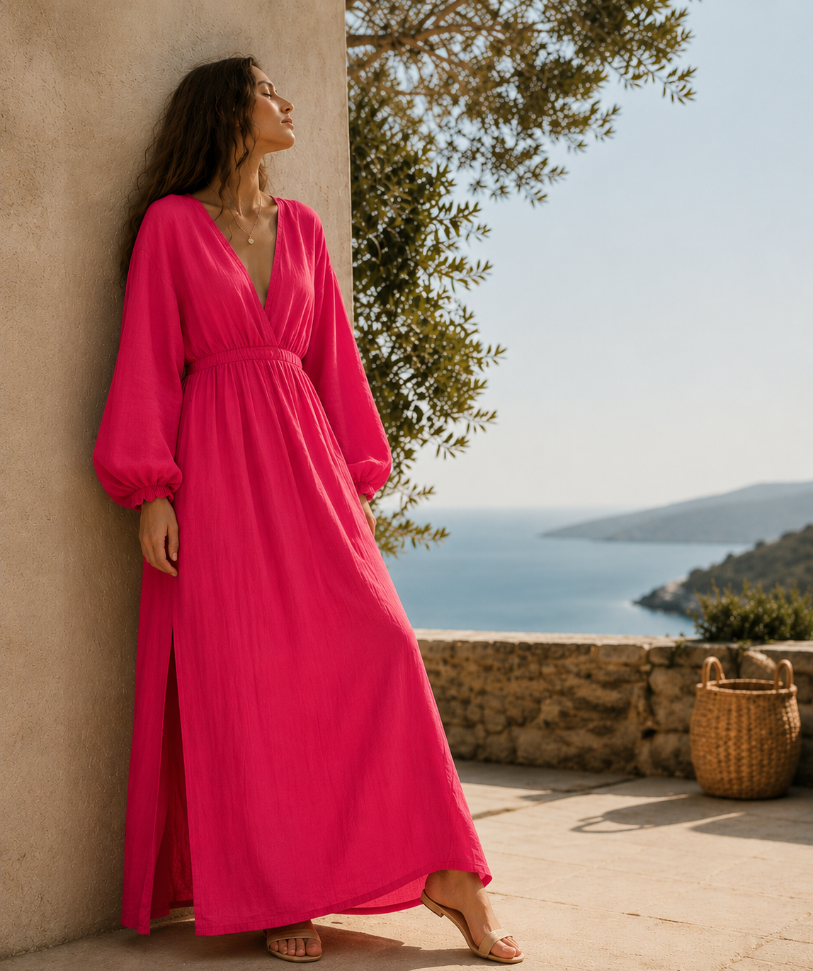 V-Neck Long Sleeve Linen Maxi Dress – Fuchsia