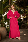 V-Neck Long Sleeve Linen Maxi Dress – Fuchsia